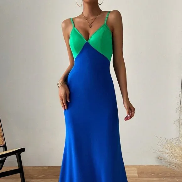 Multicolor Sexy Women's Colorblock Spaghetti Strap Mermaid Dress - Picture 5 of 8